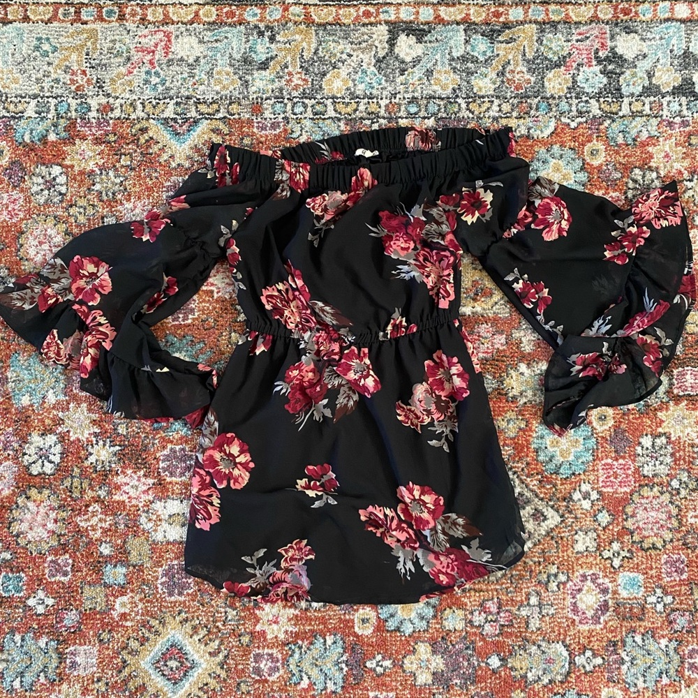 Off the Shoulder Black Floral Mini Dress by Blush